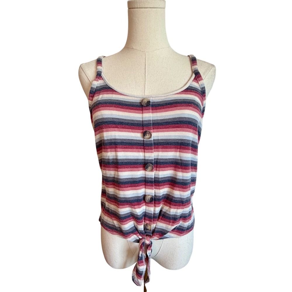 American Eagle Striped Tie Front Button Cami Tank Top Red Blue Large